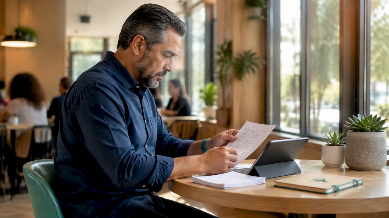 Man reviewing lead source data in small office