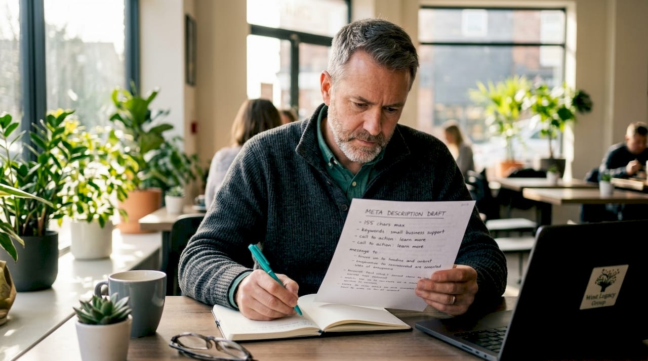 Business owner reviewing meta description draft at home