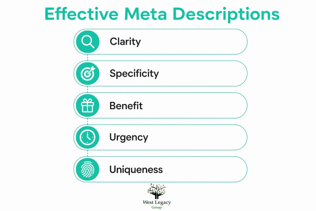 Infographic outlining five qualities of effective meta descriptions
