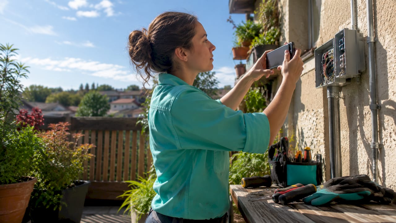 Female electrician photographing work on phone outdoors
