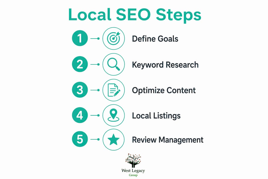 Infographic illustrating steps for successful local ecommerce SEO