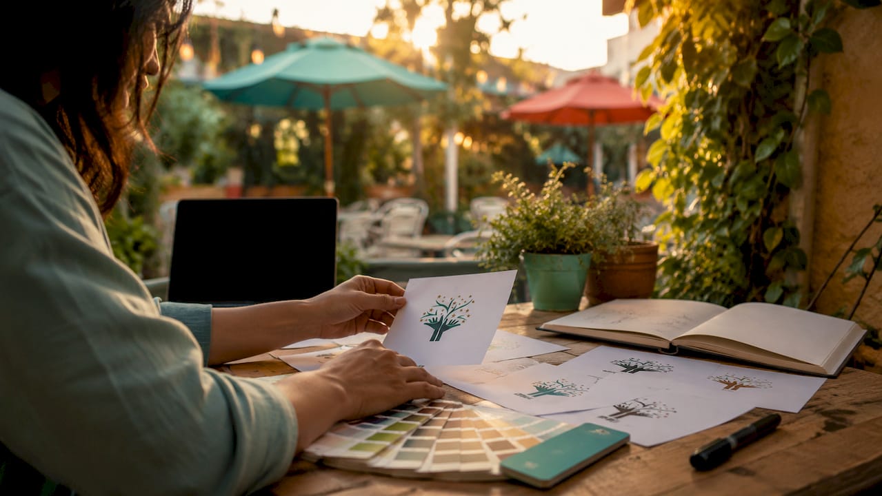 Hands arranging logo concepts on table