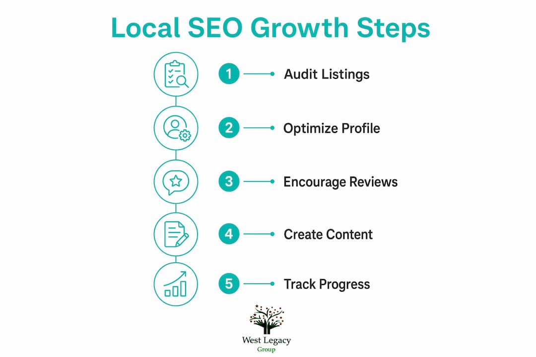 Infographic outlining steps to grow local SEO presence