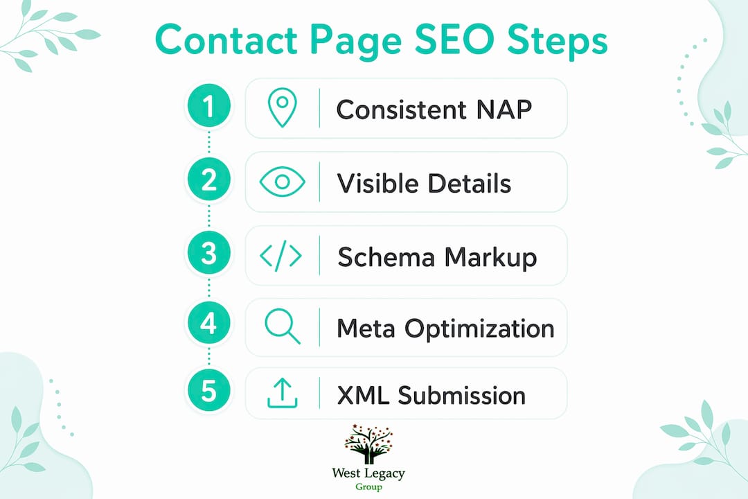 Infographic illustrating contact page SEO steps