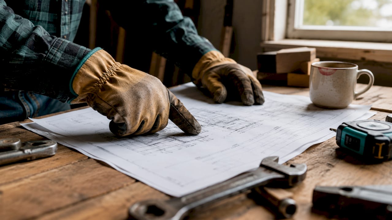 Overhead view of workshop tools with hands holding tablet