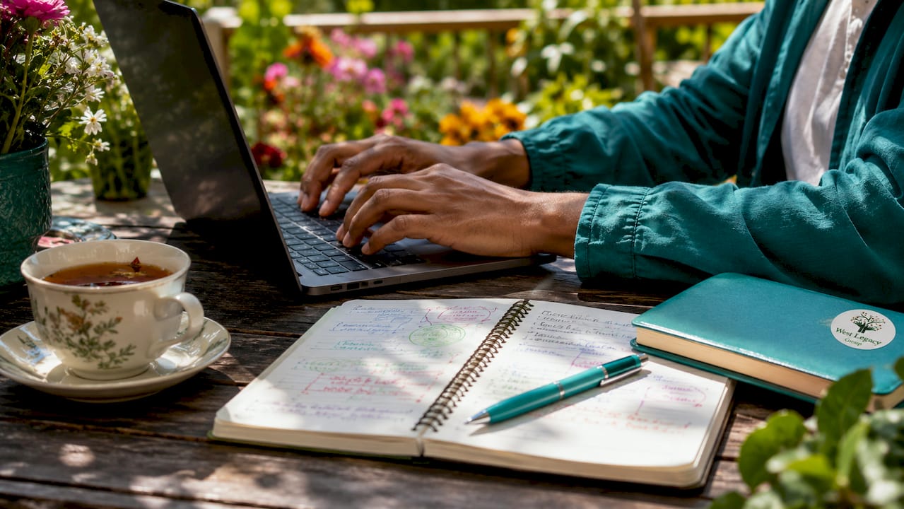 Hands typing keyword lists in coffee shop