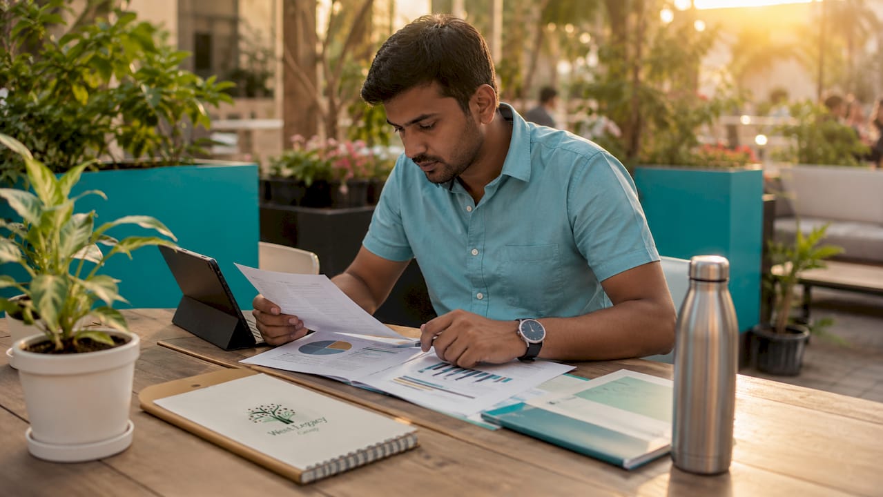 Man auditing digital presence with reports