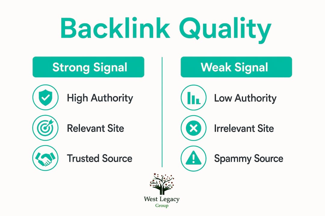 Infographic comparing strong vs weak backlink signals