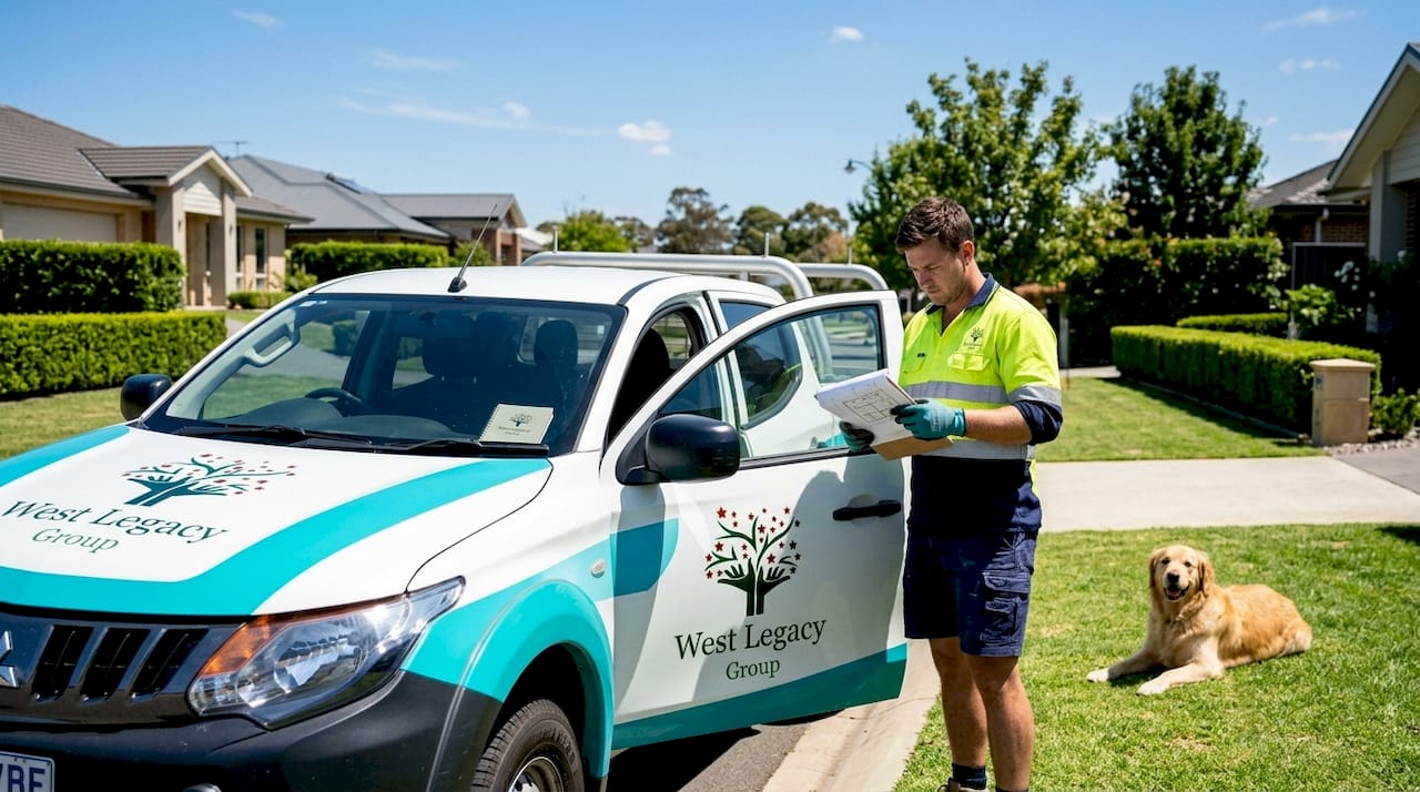 Branded tradie ute parked on busy street with worker