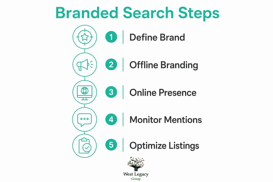 Infographic illustrating steps of branded search strategy