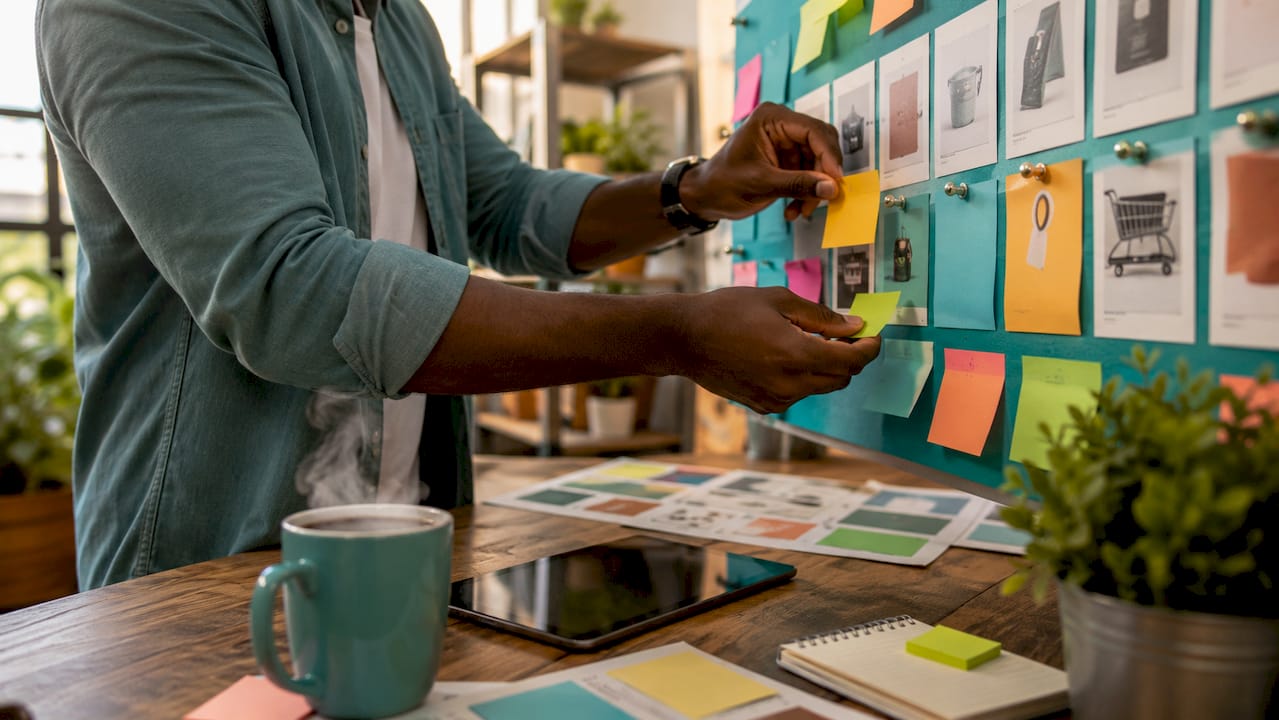 Hands organizing product categories on board