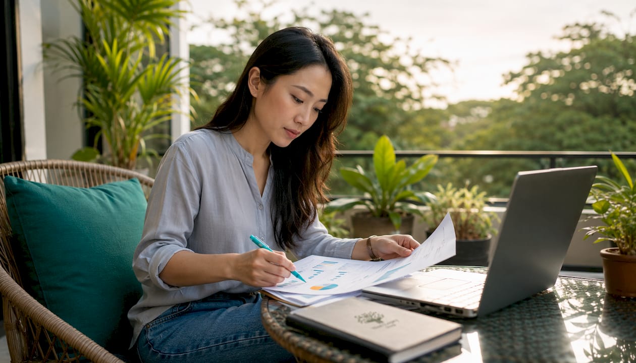 Woman reviewing SEO reports at home office