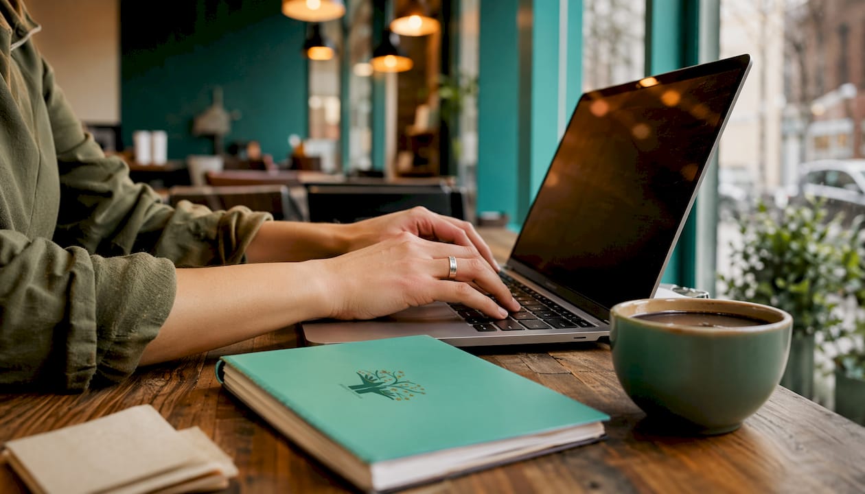 Hands typing report at co-working space