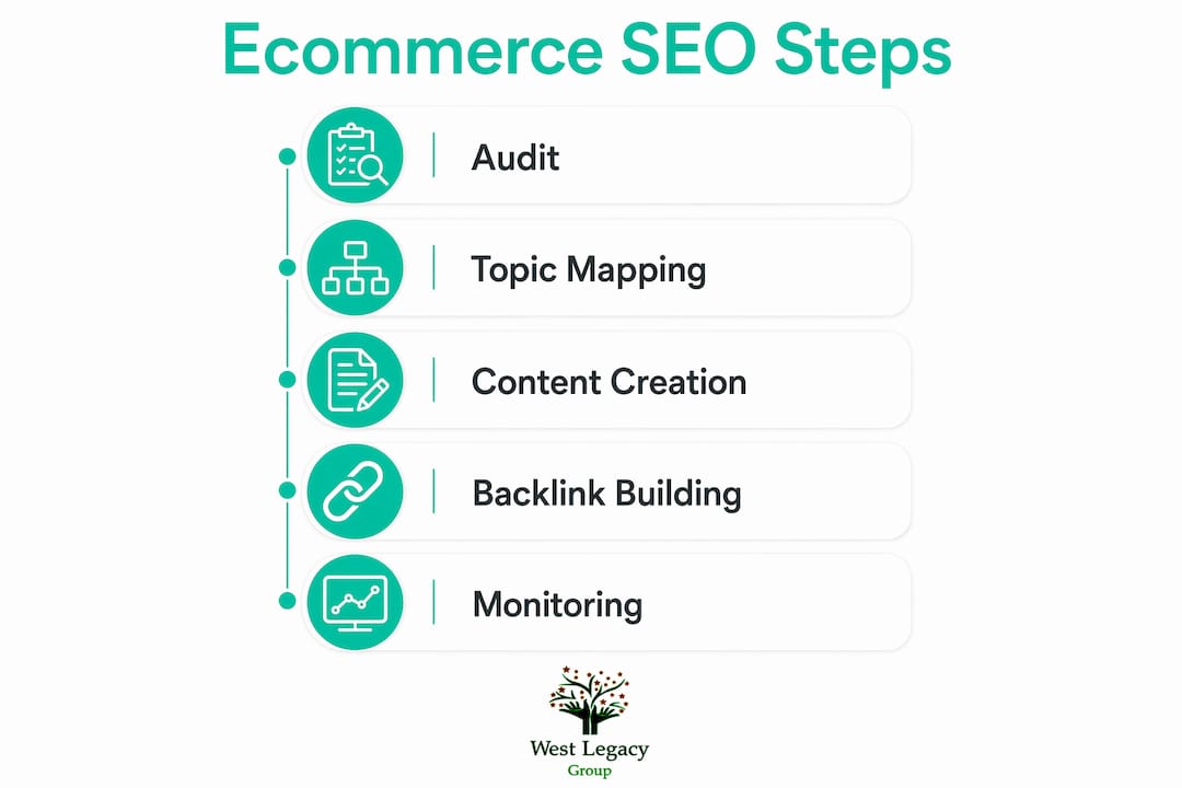 Infographic showing ecommerce SEO strategy steps