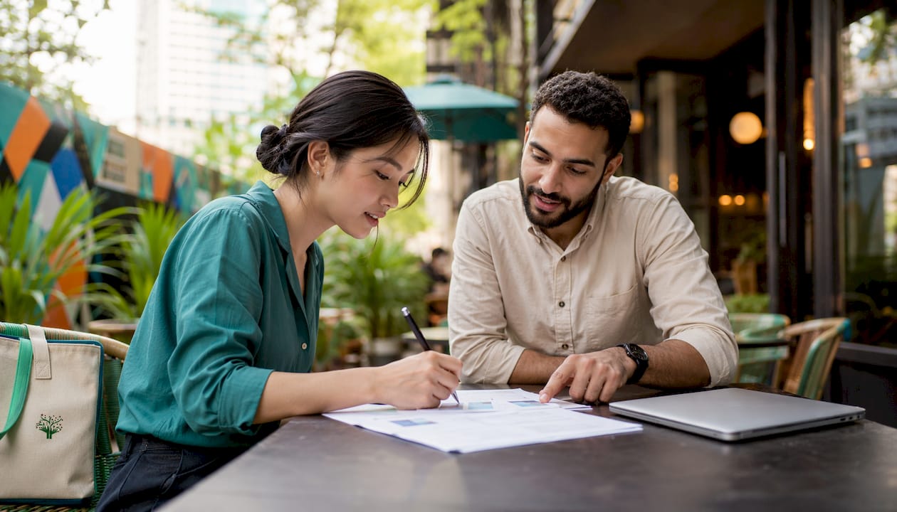 Two professionals discussing local SEO in café