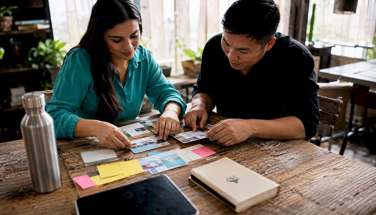 Close-up of hands organizing newsletter content cards