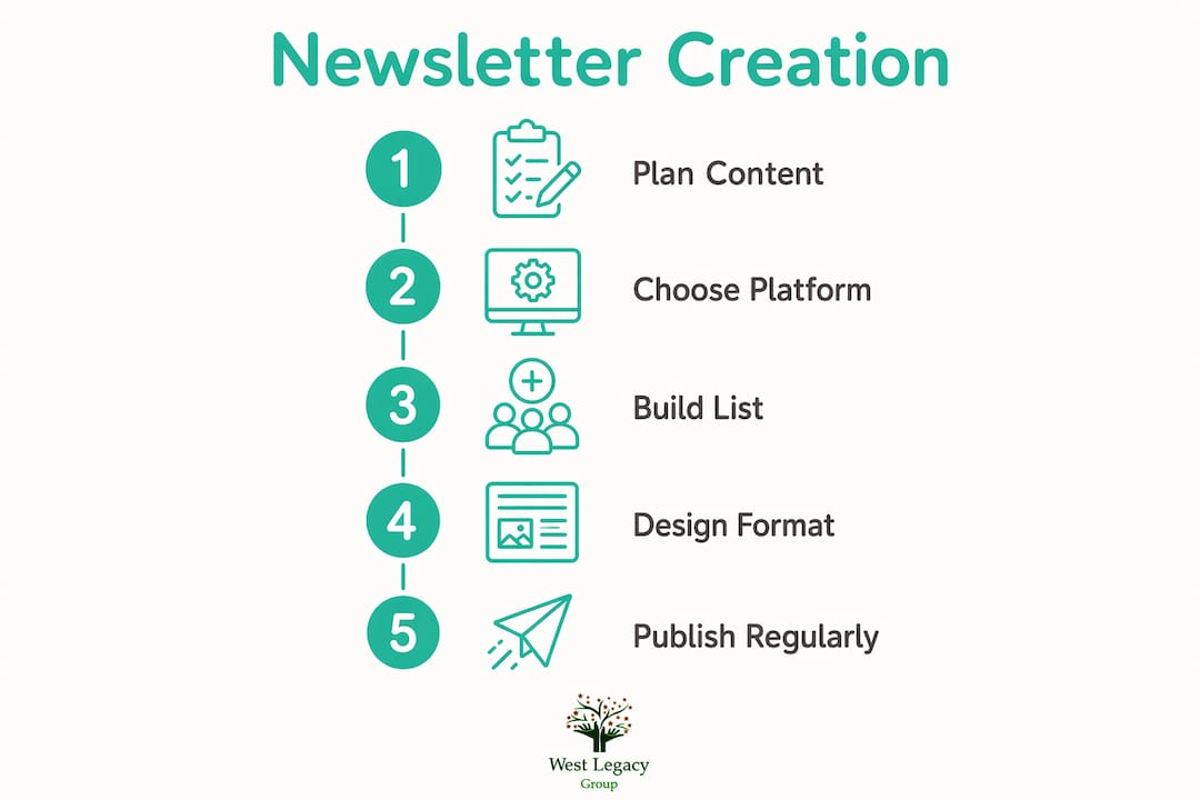Infographic showing five steps to create a newsletter