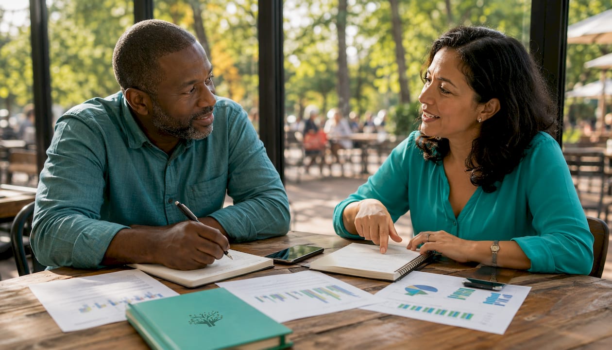 Pair discussing local email marketing plans at café