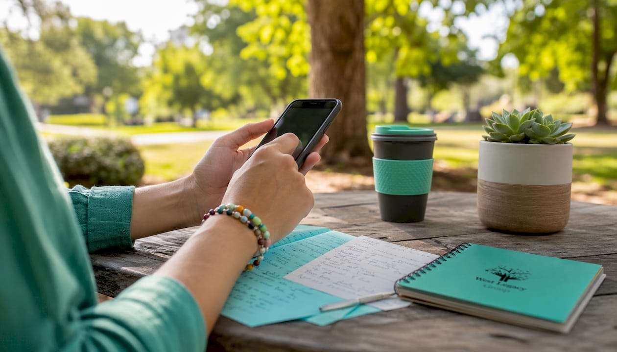 Hands setting alerts on smartphone at café table