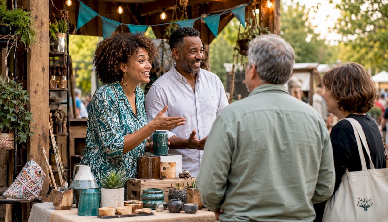 Business owners discussing local customer outreach