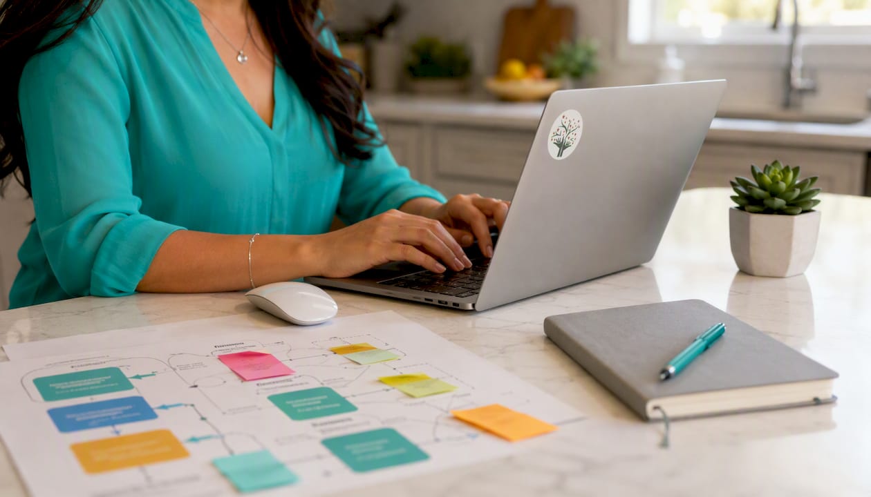 Hands typing near printed internal linking diagrams
