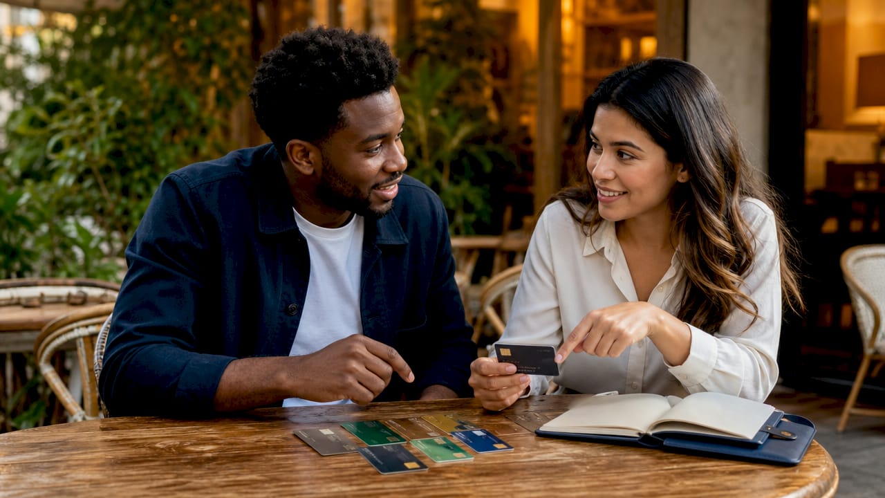 Two colleagues discussing credit card portfolio strategy