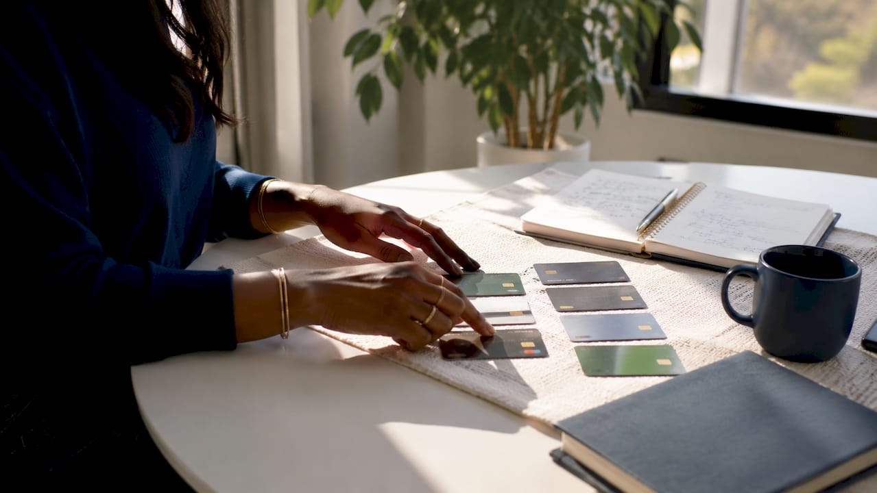 Hands organizing credit cards on office desk