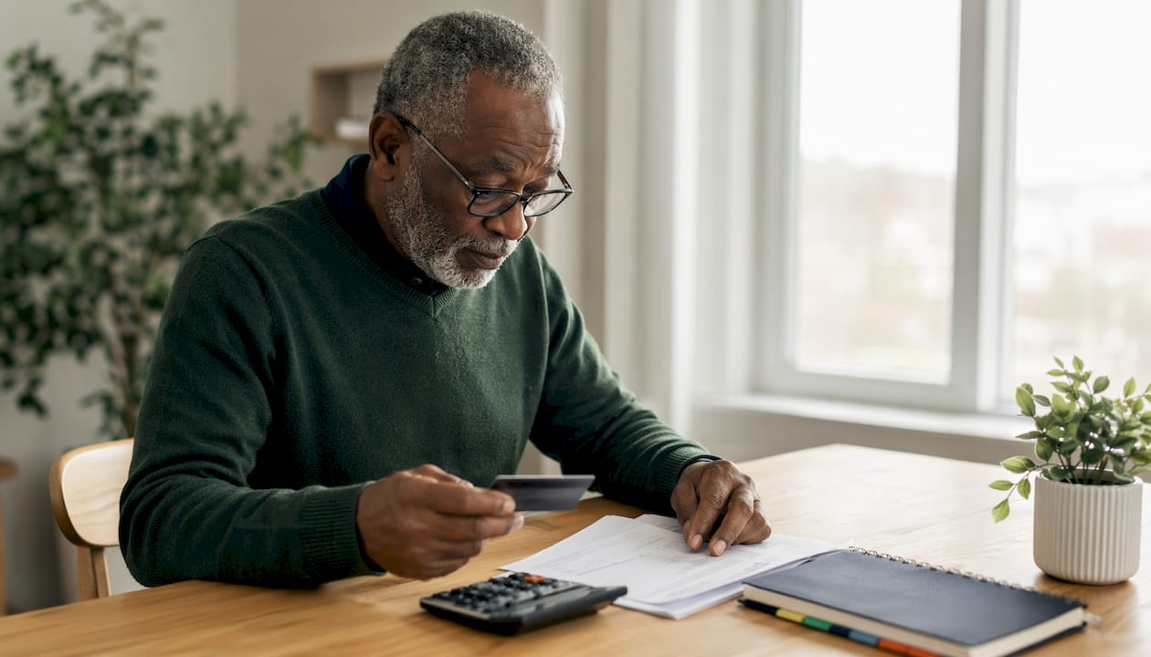 Senior man planning credit card payments at table