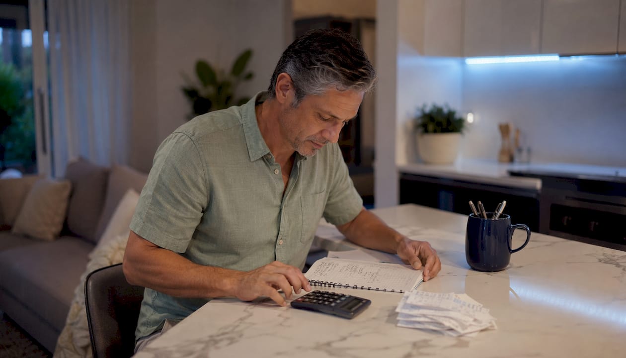 Man calculating budget with notebook and calculator