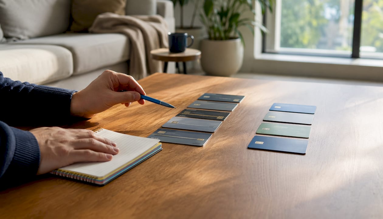 Hands comparing credit card interest rate groups on table