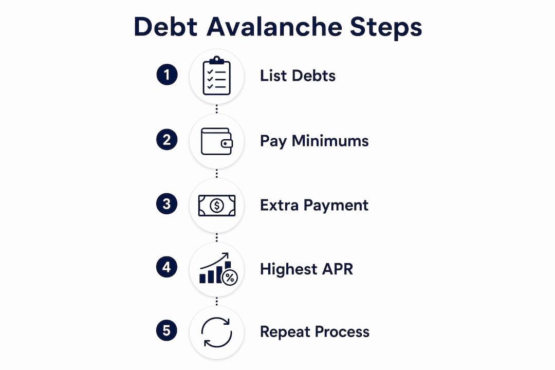 Infographic showing steps of debt avalanche method