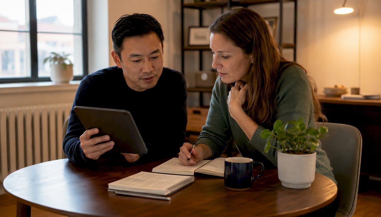 Couple reviewing finances together on tablet