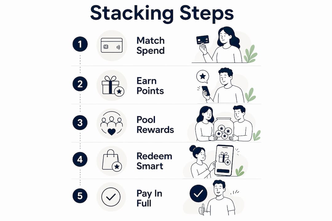 Infographic showing step-by-step credit card rewards stacking process