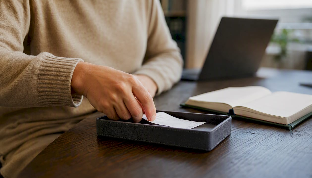 Hand placing receipt into organizer tray