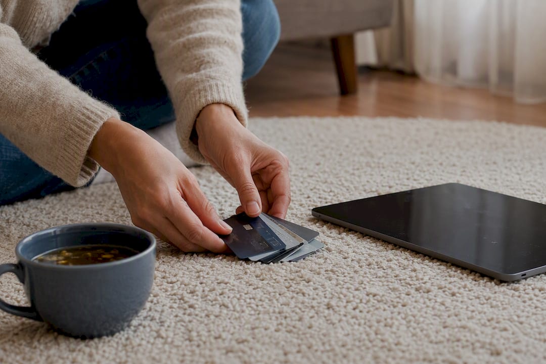 Hands holding stylus near tablet with credit cards and coffee