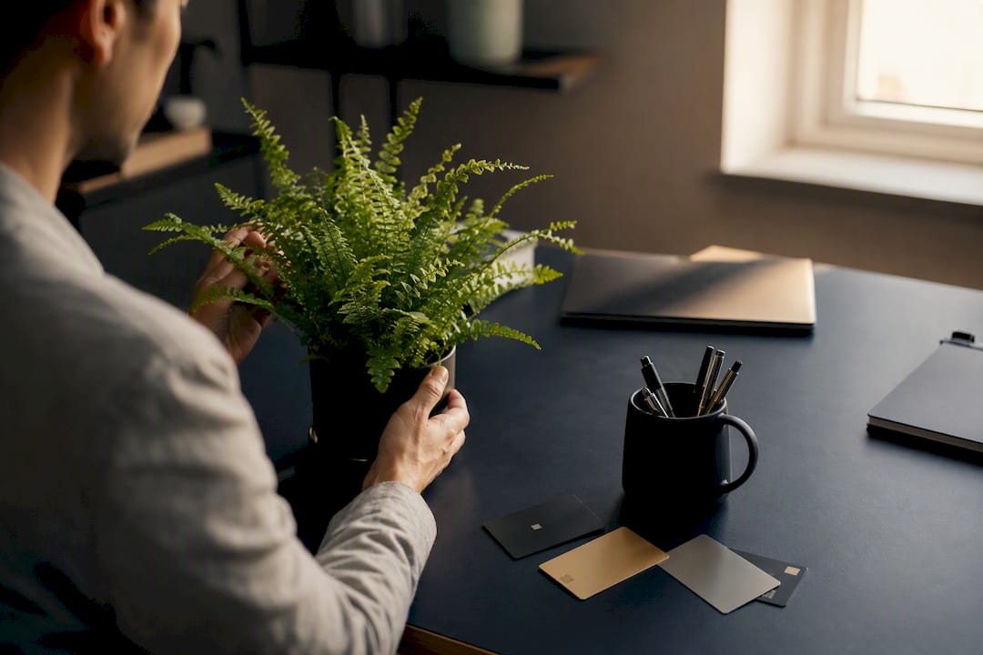 Hand lifting potted plant on desk with cards