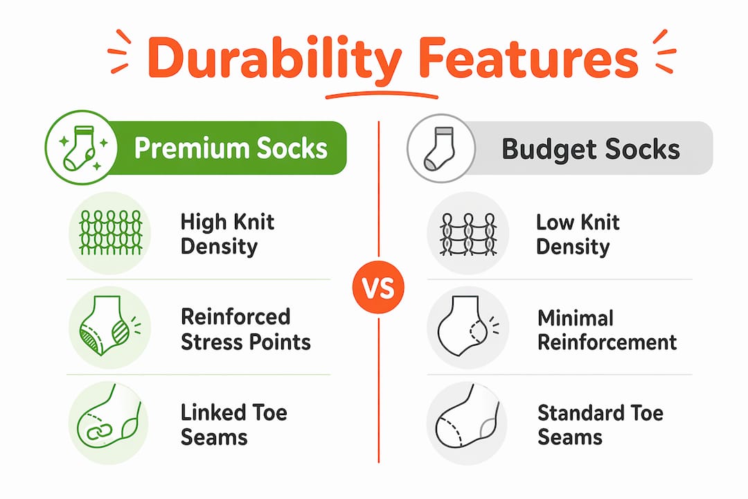 Infographic comparing durability features of premium vs budget socks