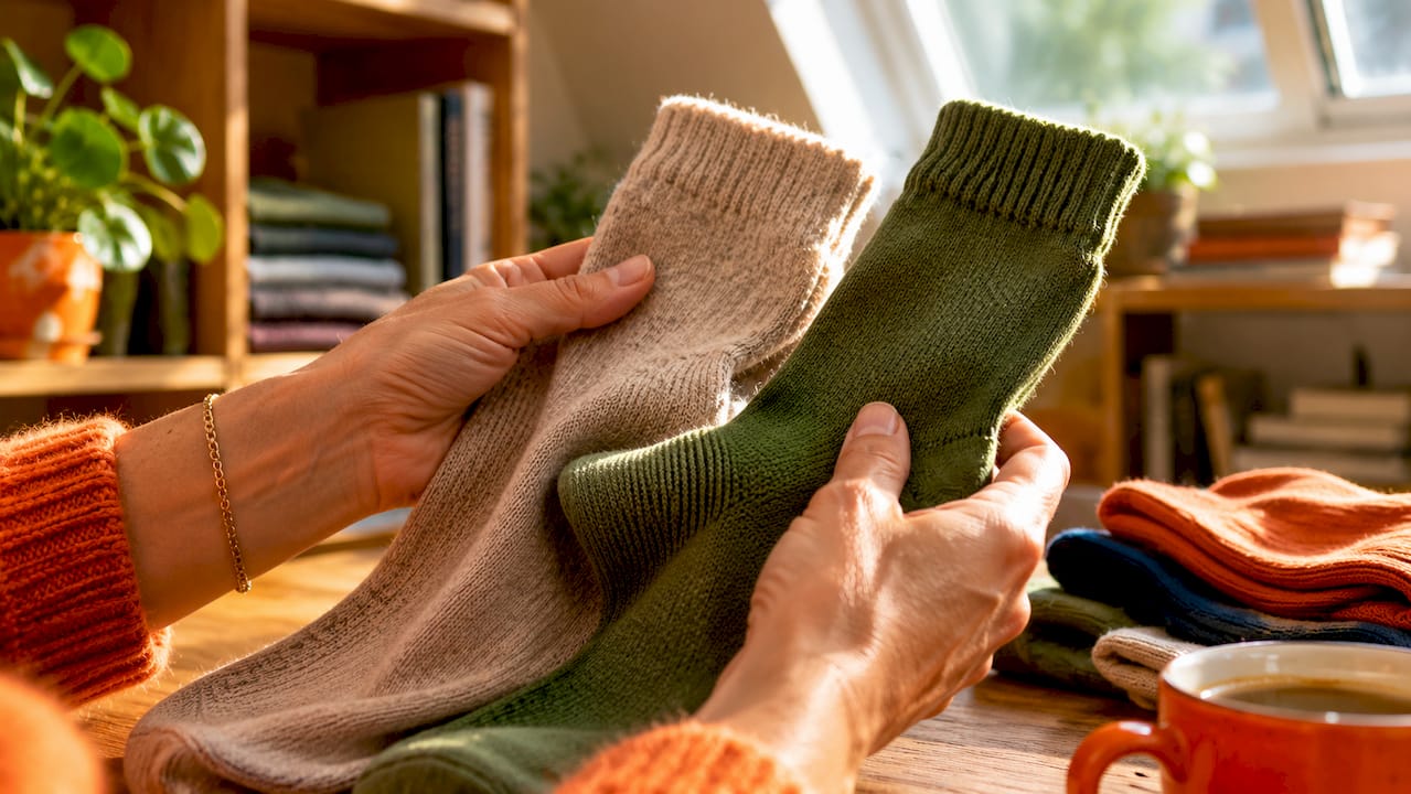 Hands comparing premium sock materials up close
