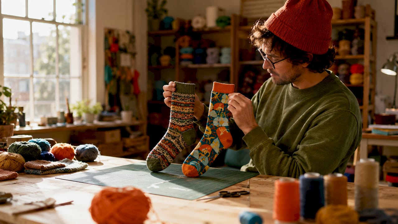 Hands comparing knitted and printed socks