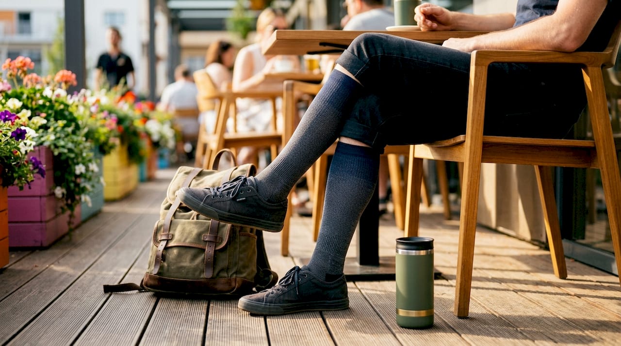 Close-up of legs wearing compression travel socks