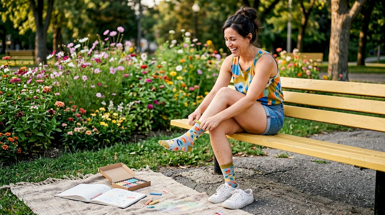 Woman smiling while putting on fun socks