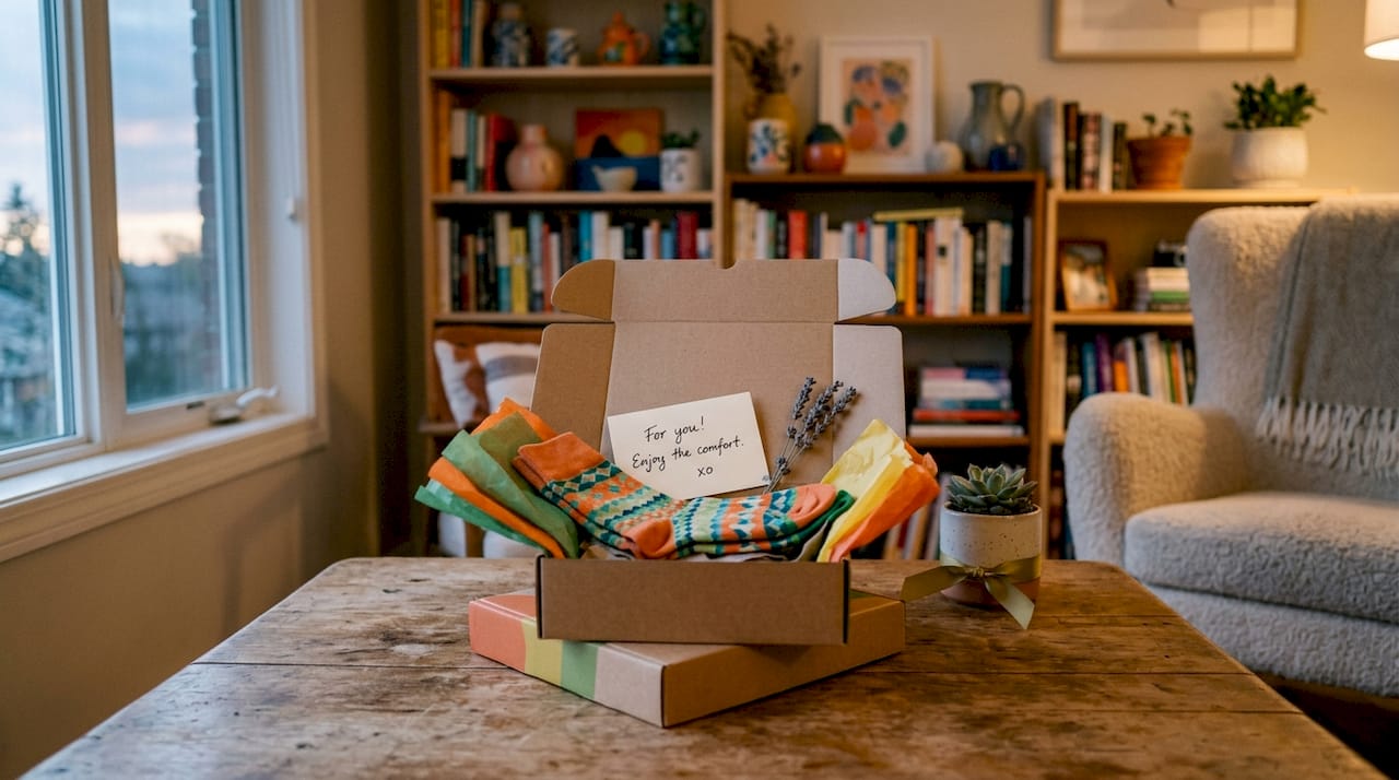 Open layered gift box with socks and note