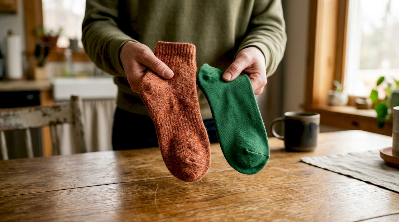 Hands comparing wool and cotton socks texture