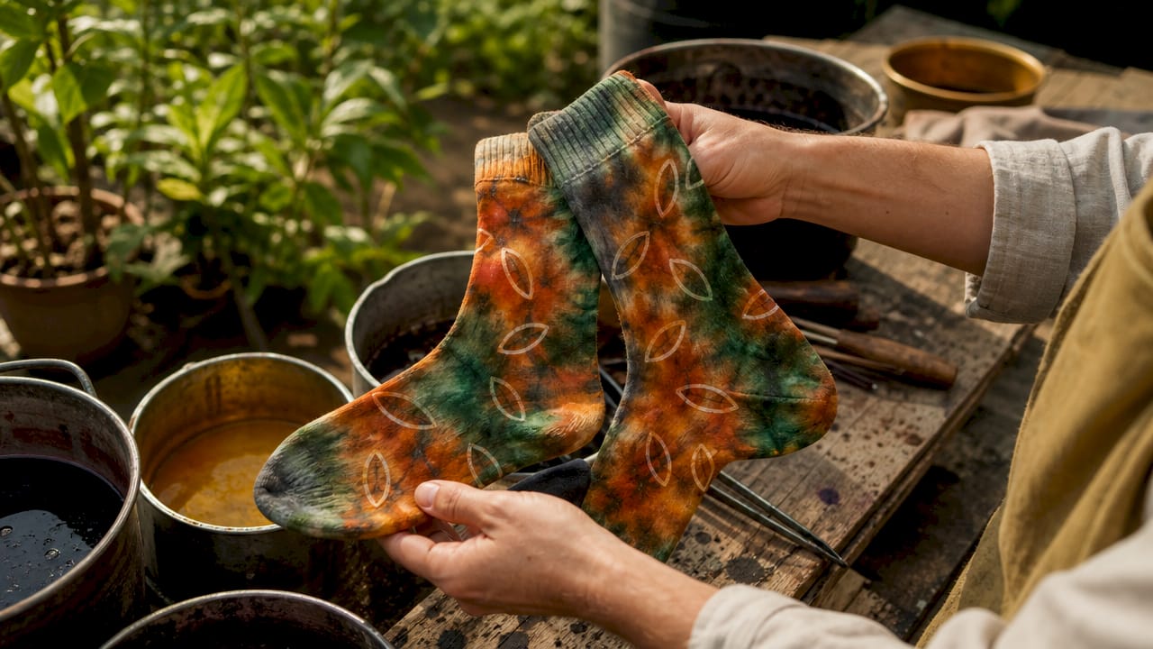 Close-up of hands holding hand-dyed artisan socks