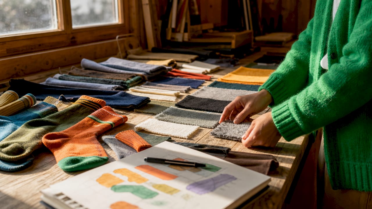 Hands arranging moisture-wicking sock fabric swatches