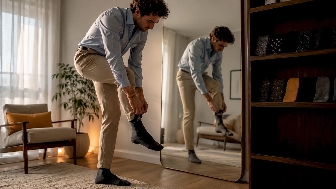 Man adjusting navy socks in bedroom mirror