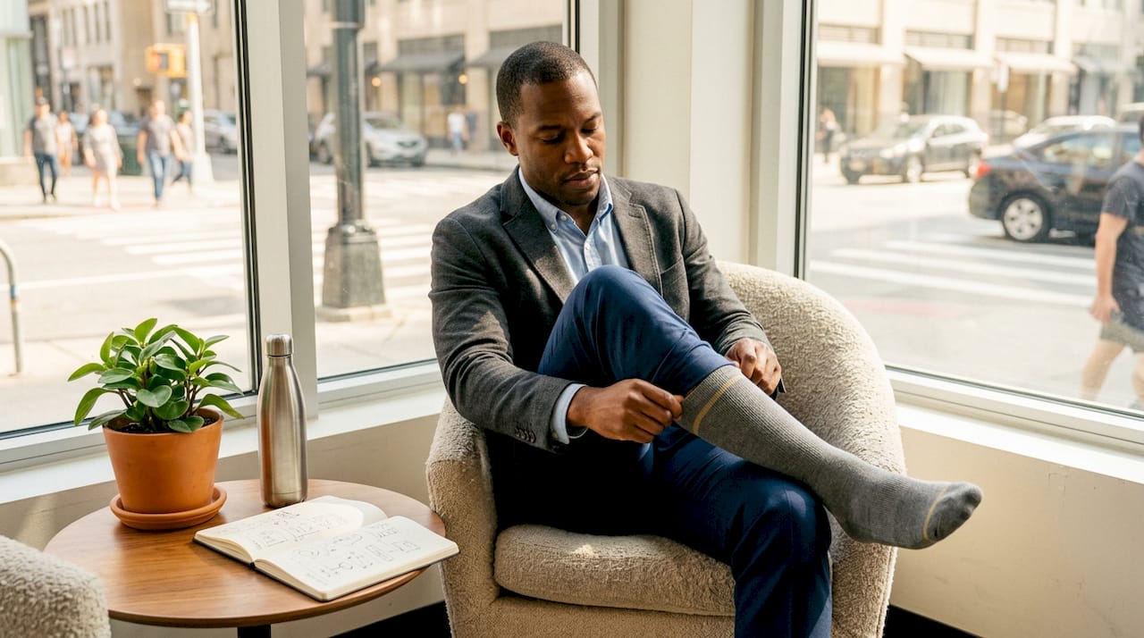 Man putting on compression socks in office