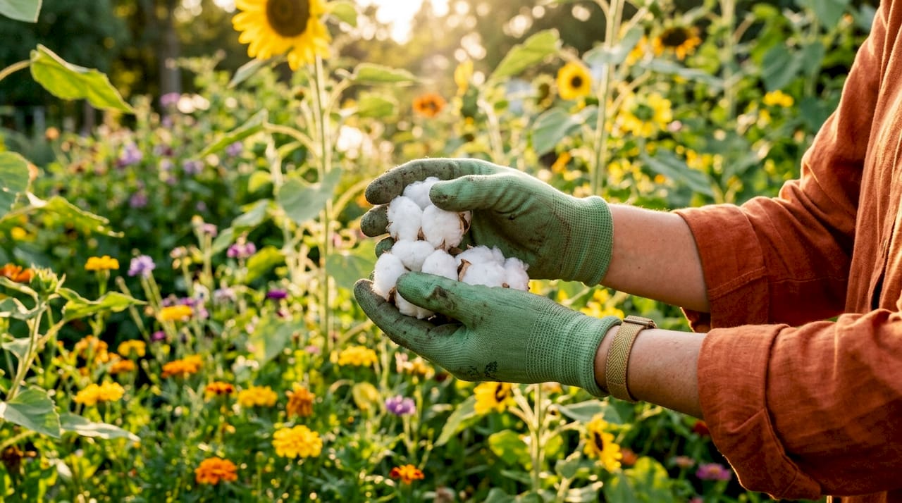 Hands holding raw organic cotton bolls in greenhouse