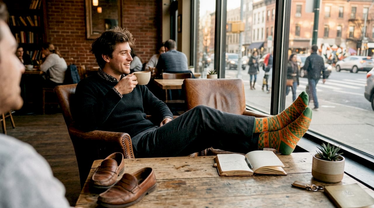 Overhead of legs showing trouser color matched dress socks