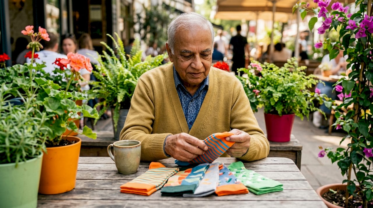 Hands sorting organic cotton socks outside